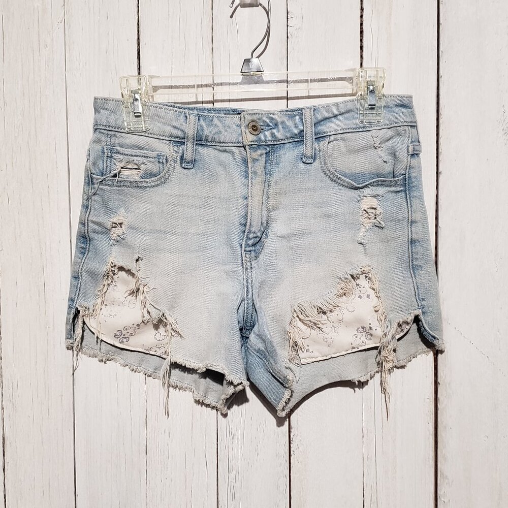 Hollister 5 27 Jean Shorts Hi Rise Midi Distressed Blue Ripped Grunge Boho